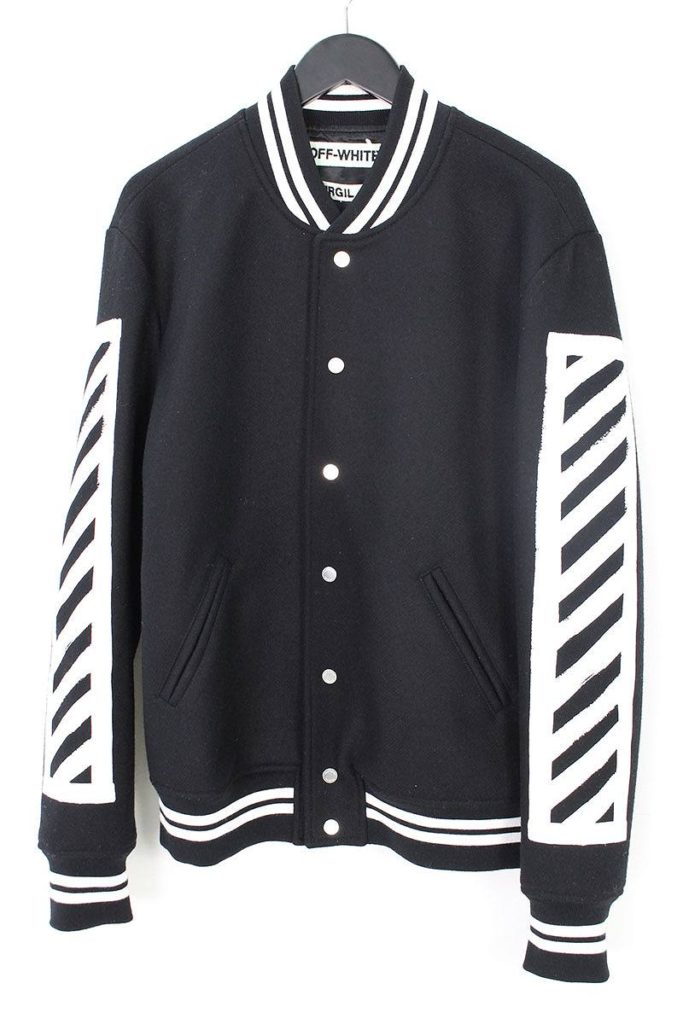 オフホワイト OFF-WHITE BRUSHED DIAGONALS VARSITY バック掠れバイアステーププリントスタジアムジャケット