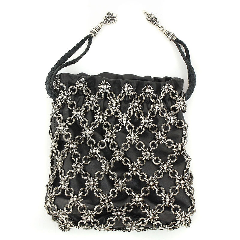 クロムハーツ Chrome Hearts DRW STRNG SACK CHプラスチェーンメイルレザー巾着ハンドバッグ