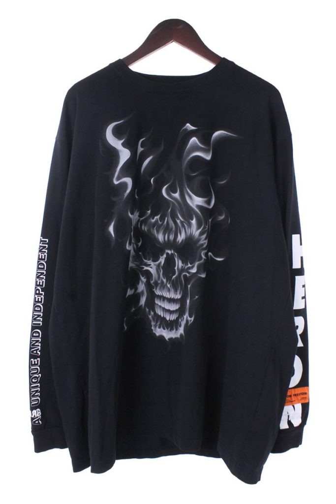 ヘロンプレストン HERON PRESTON B&W Skull LS T-Shirt HMAB002F18600022 ファイヤースカルプリント長袖カットソー