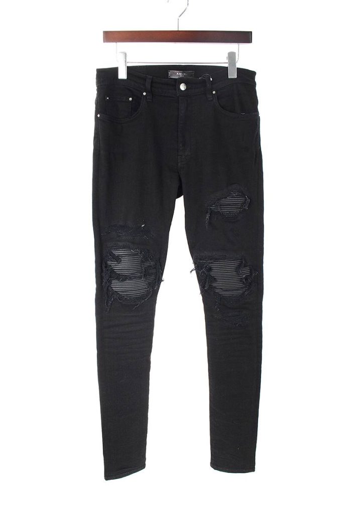 MX1 leather patch jeans 膝レザークラッシュスキニーロングパンツ