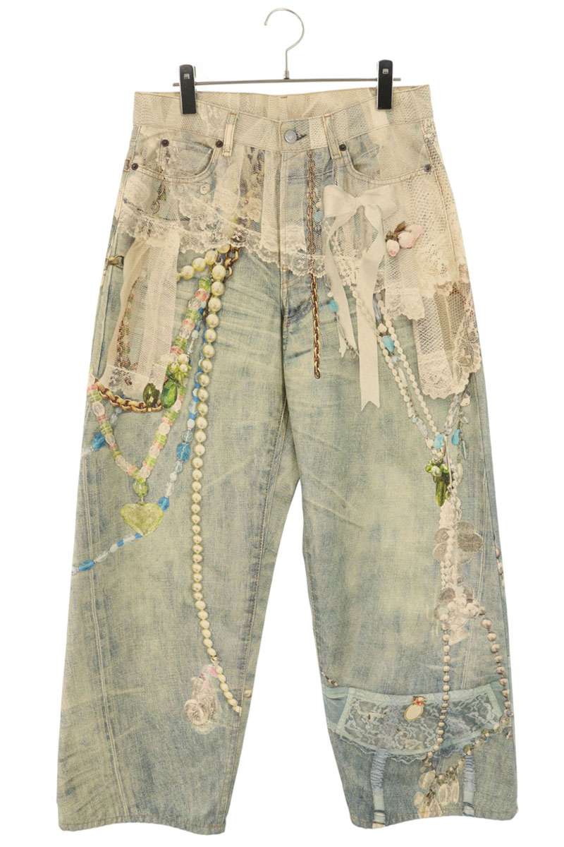 FN-UX-TROU000047 トロンプルイユキーチェーンプリントバギーデニムパンツ