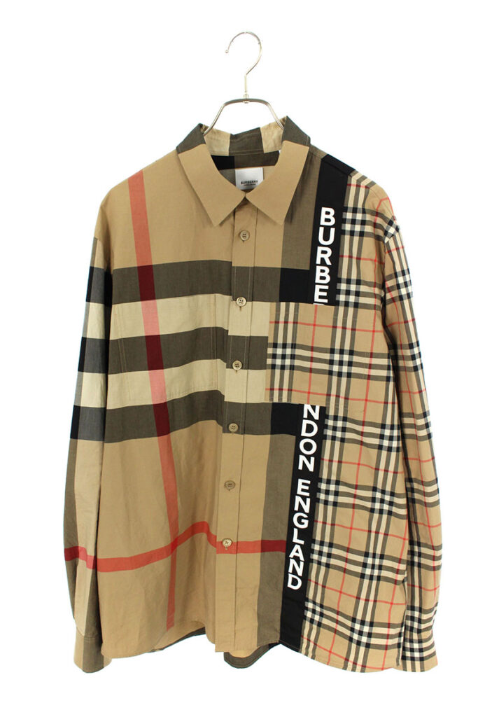 ロゴパッチワークBurberry プリントコットンオーバーサイズ長袖シャツ-