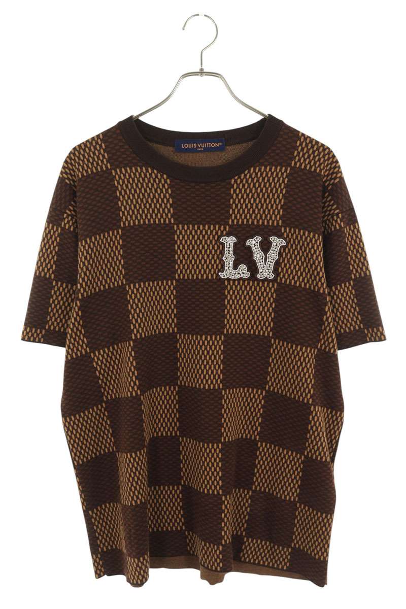 ルイヴィトン24SS ダミエ クルーネック ウィズ ストラスLV パッチ Tシャツ RM241 AUR HQN63W