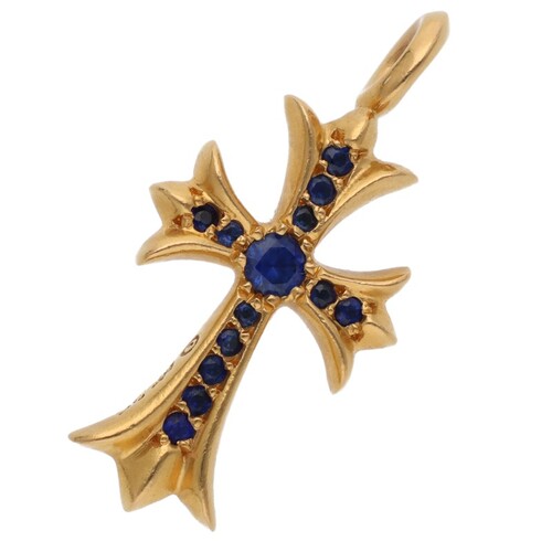 クロムハーツ CHROME HEARTS タイニーファットクロス PAVEサファイア ゴールドネックレストップ 22K TNY CRSF P/SAP